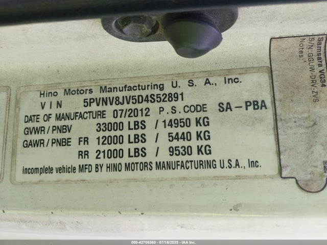 Продаж на аукціоні авто 2013 Hino Hino 338, vin: 5PVNV8JV5D4S52891, номер лоту: 42706360