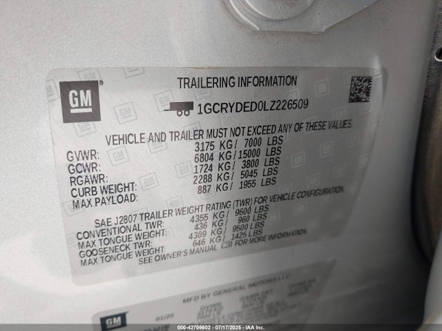 Aukcja sprzedaży 2020 Chevrolet Silverado 1500 4wd Double Cab Standard Bed Lt, vin: 1GCRYDED0LZ226509, numer aukcji: 42706602