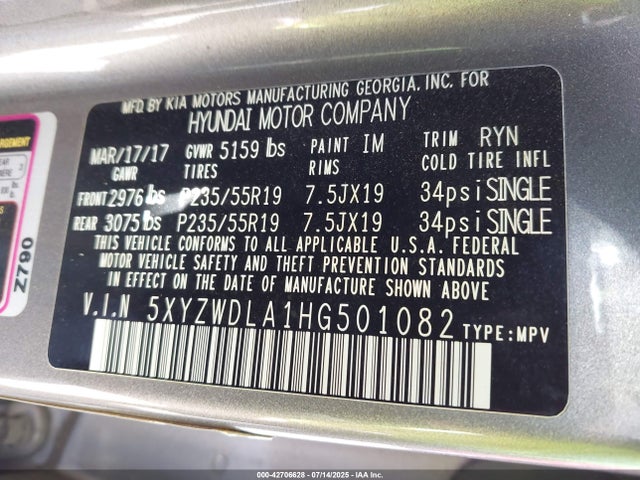 5XYZWDLA1HG501082 Hyundai t-gdi theta ii