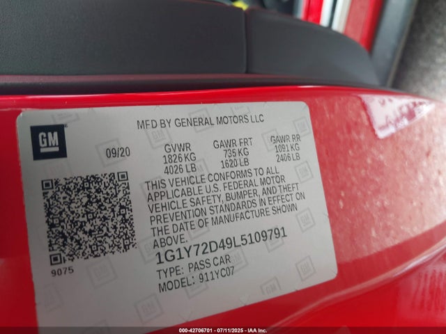 1G1Y72D49L5109791 Chevrolet Corvette Stingray Rwd 2lt
