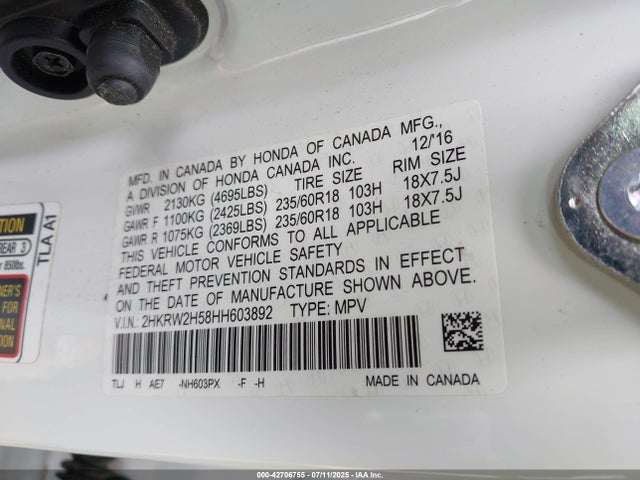2HKRW2H58HH603892 Honda l15be