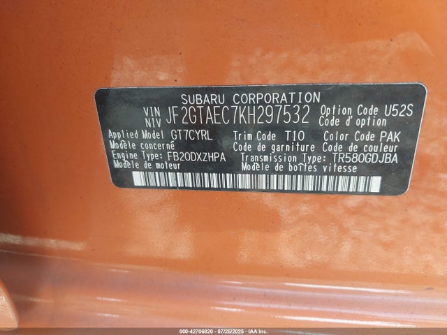 Subaru naturally aspirated 2019 JF2GTAEC7KH297532 Image 9
