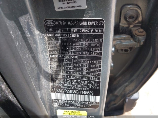 SALVP2BG8GH145539 Land Rover gtdi lev3 sulev30