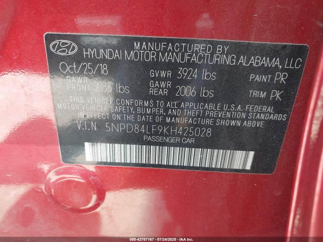5NPD84LF9KH425028 Hyundai mpi nu