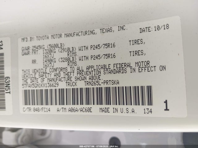 5TFAX5GN1KX136629 Toyota 2tr-fe