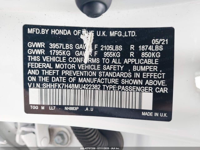 SHHFK7H48MU422382 Honda l15ba