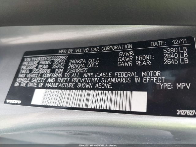 2012 VOLVO XC60 YV4902DZ2C2292882 Photo 8