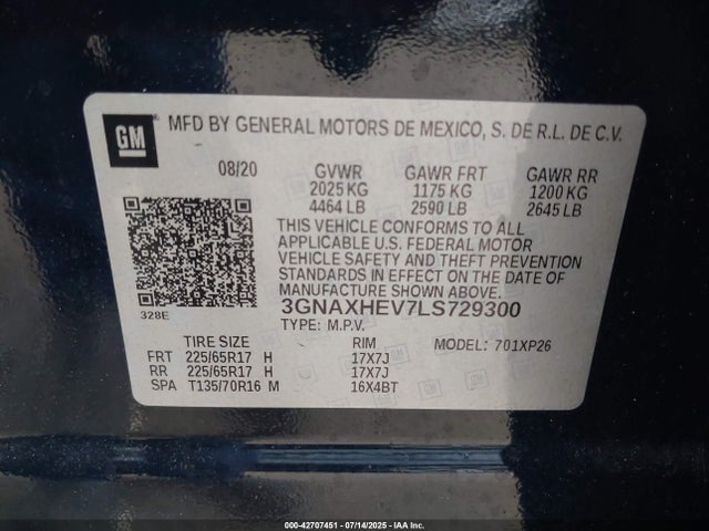 3GNAXHEV7LS729300 Chevrolet lyx - direct injection, vvt, fgt, turbo, alum, gen1