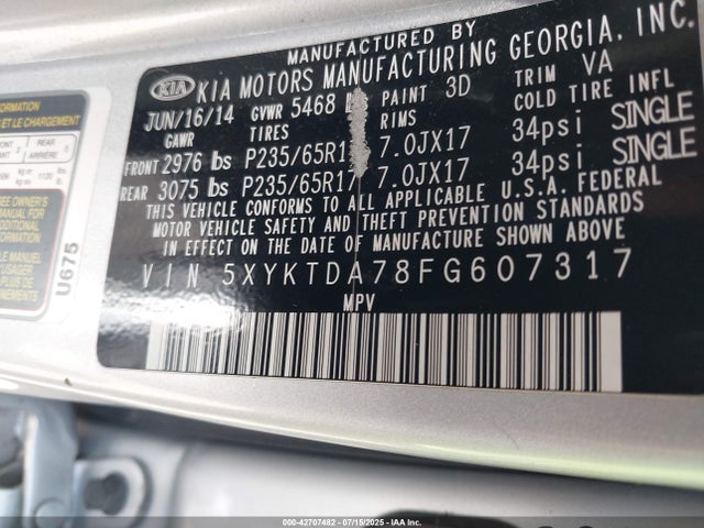 5XYKTDA78FG607317 KIA gasoline 3.3 v6 gdi lambda ii