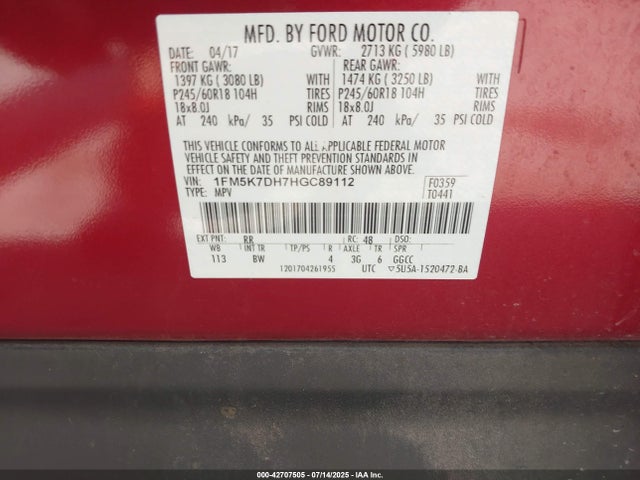 1FM5K7DH7HGC89112 Ford EXPLORER XLT