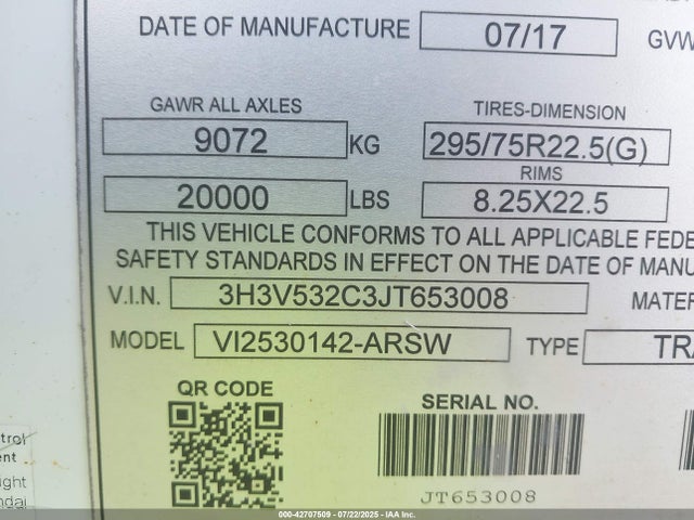 42707509 :رقم المزاد ، 3H3V532C3JT653008 vin ، 2018 Hyundai Translead Inc Hyundai Translead Inc مزاد بيع
