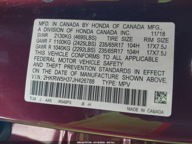 2HKRW5H37JH426788 Honda k24w9/k24v9