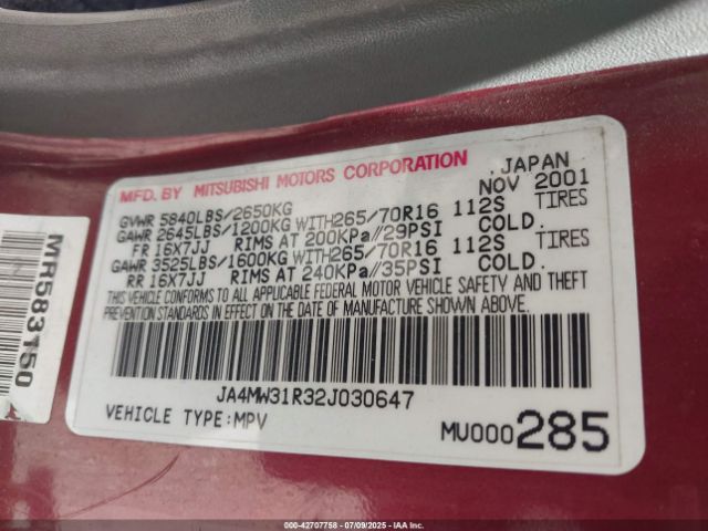 2002 MITSUBISHI MONTERO JA4MW31R32J030647 Photo 8