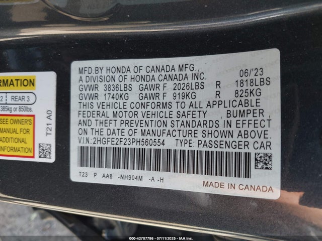 Honda k20c2 2023 2HGFE2F23PH560554 Image 9
