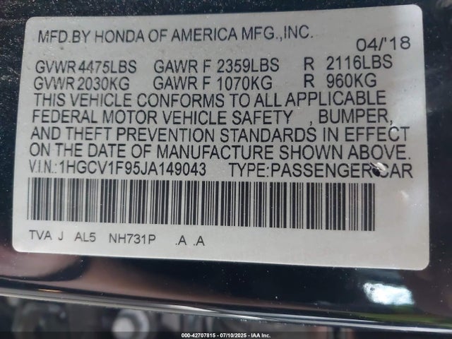 1HGCV1F95JA149043 Honda l15be