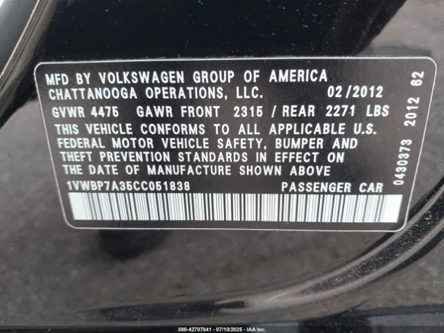 2012 VOLKSWAGEN PASSAT 1VWBP7A35CC051838 Photo 8