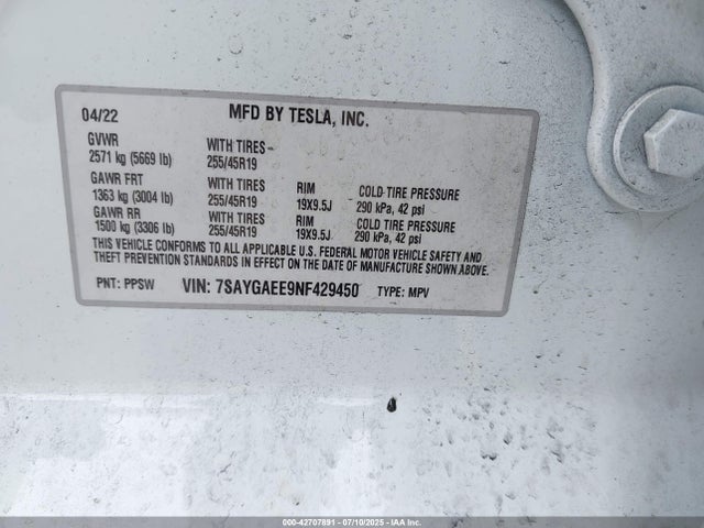 2022 TESLA MODEL Y 7SAYGAEE9NF429450 Photo 8
