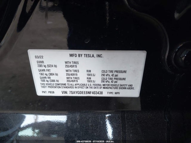 7SAYGDEE8NF403438 Tesla 2022