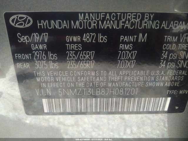 5NMZT3LB8JH081201 Hyundai gdi theta ii