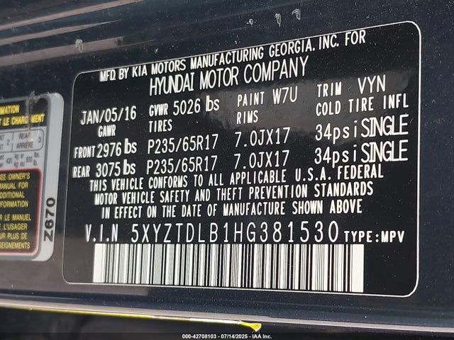 5XYZTDLB1HG381530 Hyundai gdi theta ii