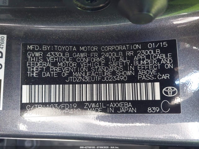 JTDZN3EU1FJ023490 Toyota 2zr-fxe+5jm
