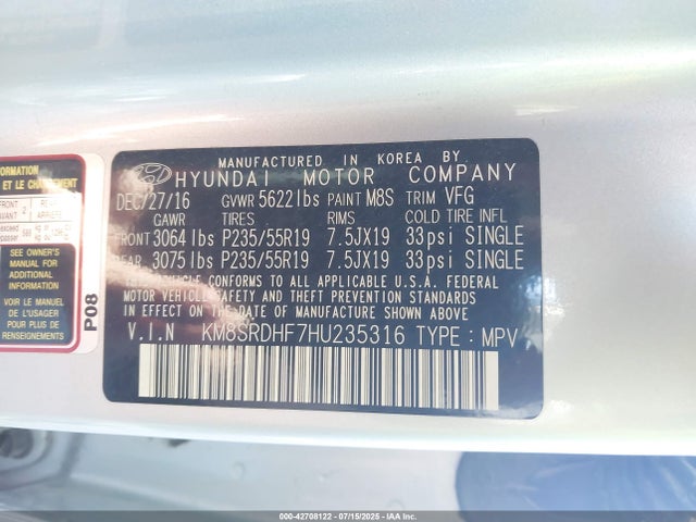 KM8SRDHF7HU235316 Hyundai gdi lambda ii
