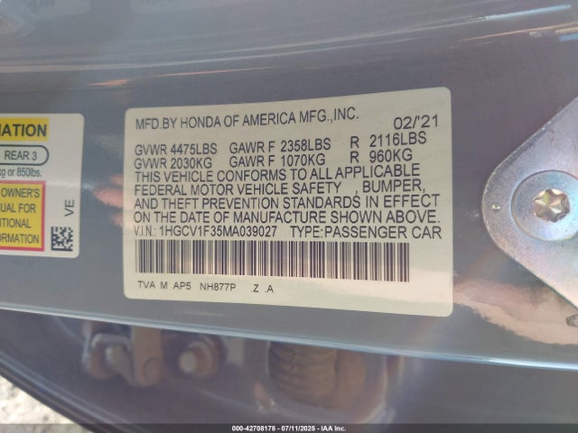 1HGCV1F35MA039027 Honda l15be