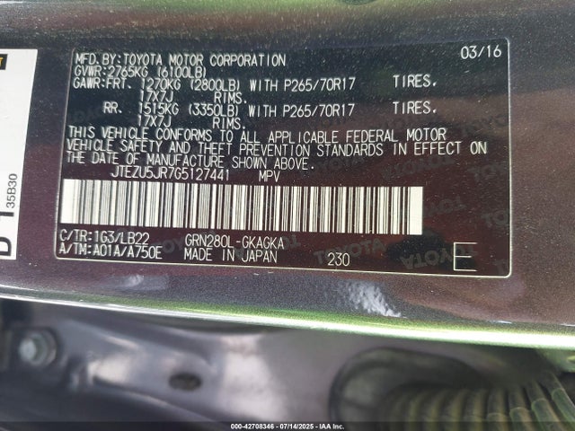 JTEZU5JR7G5127441 Toyota 1gr-fe
