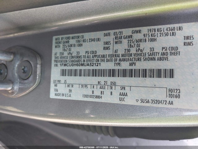 1FMCU0H60MUA52121 Ford dragon di tc