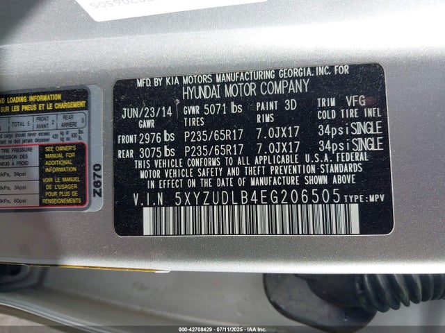 5XYZUDLB4EG206505 Hyundai gdi theta
