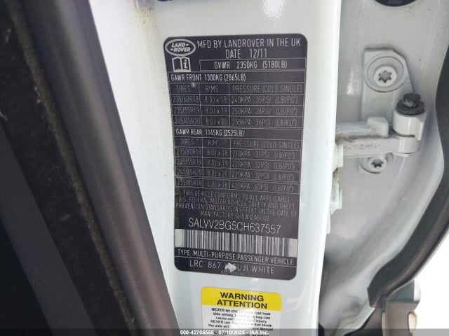 2012 Land Rover Range Rover Evoque Pure Plus მანქანა იყიდება აუქციონზე, vin: SALVV2BG5CH637557, აუქციონის ნომერი: 42708568