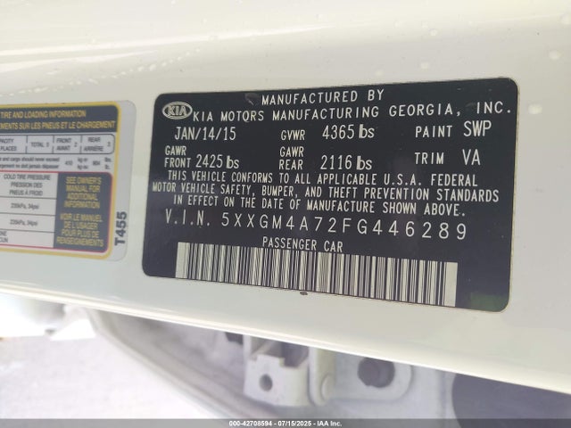 5XXGM4A72FG446289 KIA dohc gdi theta ii