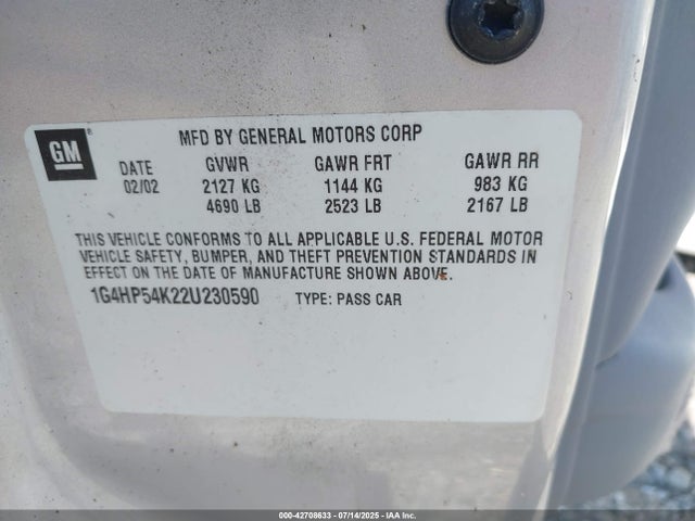 2002 Buick Lesabre Custom მანქანა იყიდება აუქციონზე, vin: 1G4HP54K22U230590, აუქციონის ნომერი: 42708633