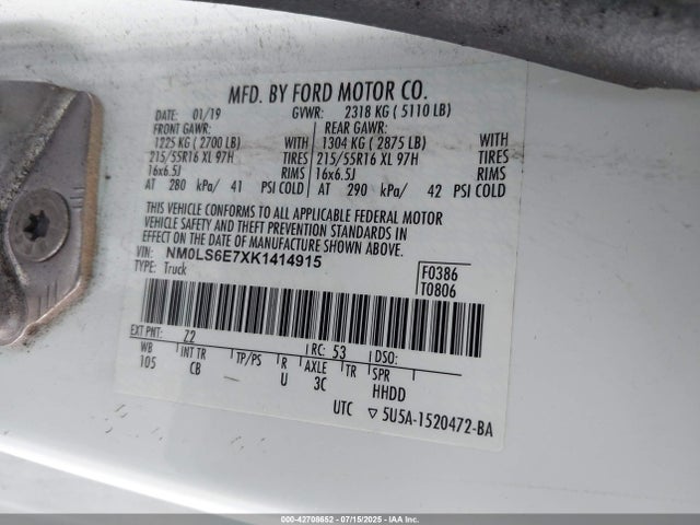 Aukcja sprzedaży 2019 Ford Transit Connect Xl, vin: NM0LS6E7XK1414915, numer aukcji: 42708652