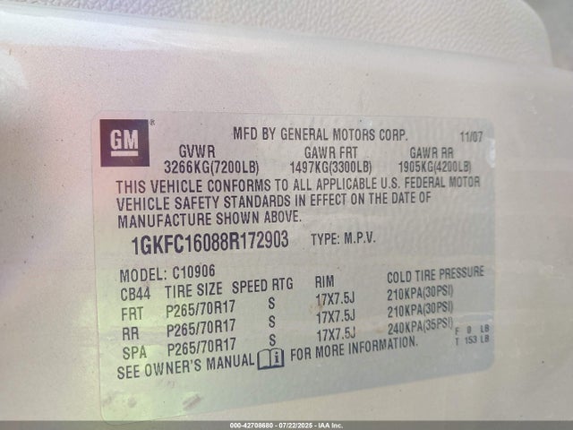 42708680 :رقم المزاد ، 1GKFC16088R172903 vin ، 2008 Gmc Yukon Xl 1500 Sle مزاد بيع