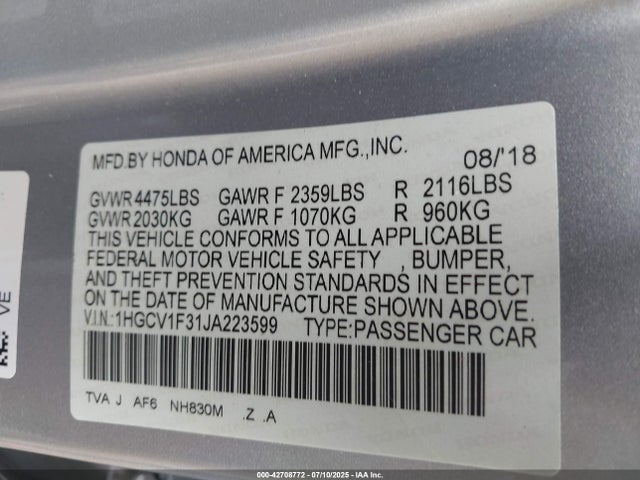1HGCV1F31JA223599 Honda l15be