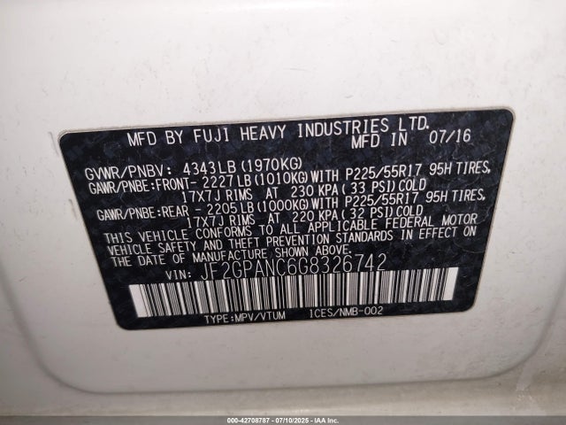 Subaru naturally aspirated 2016 JF2GPANC6G8326742 Image 9