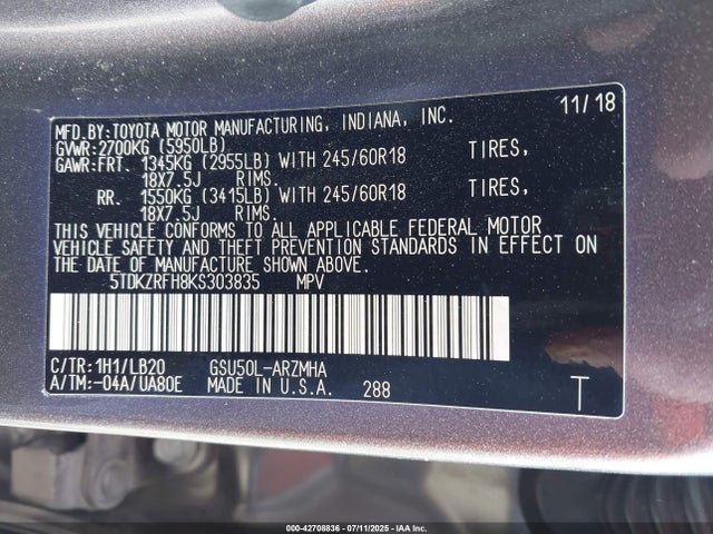 5TDKZRFH8KS303835 Toyota 2gr-fks