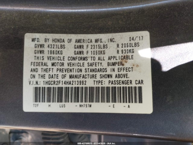 1HGCR2F14HA213992 Honda k24w1