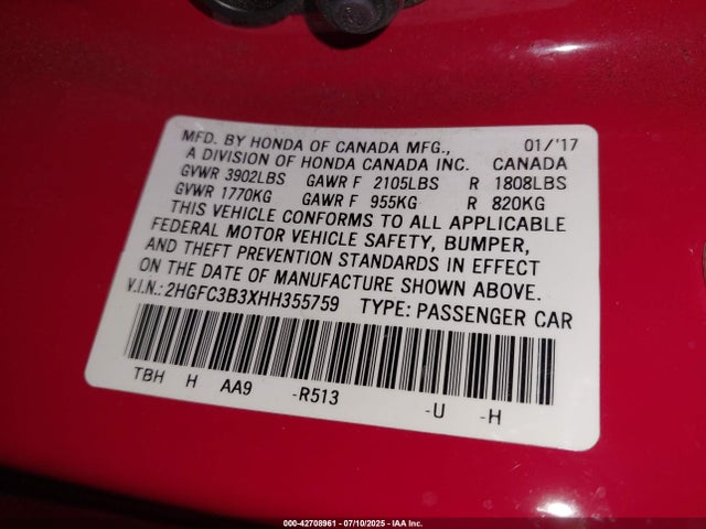 2HGFC3B3XHH355759 Honda l15b7
