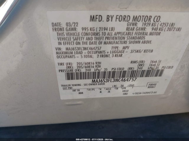 Ford 2022 2022 MAJ6S3FL3NC464757 Image 9