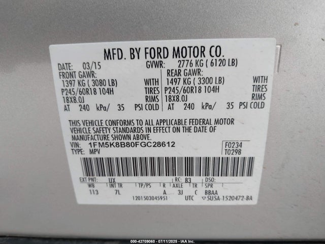 Ford 2015 2015 1FM5K8B80FGC28612 Image 9