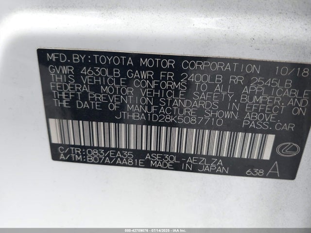Lexus 8ar-fts 2019 JTHBA1D28K5087710 Image 9