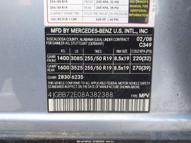 2008 MERCEDES-BENZ ML 550 4JGBB72E08A382388 Photo 8
