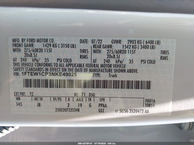 Ford 2.7l-4v 2022 1FTEW1CP3NKE49025 Image 9