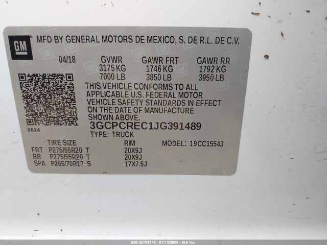 3GCPCREC1JG391489 Chevrolet l83 - sidi: spark ignited direct injection, vvt: variable valve timing, afm, e85 max, alum