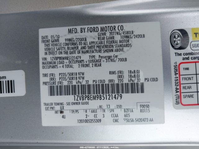 2011 FORD MUSTANG 1ZVBP8EM9B5121479 Photo 8