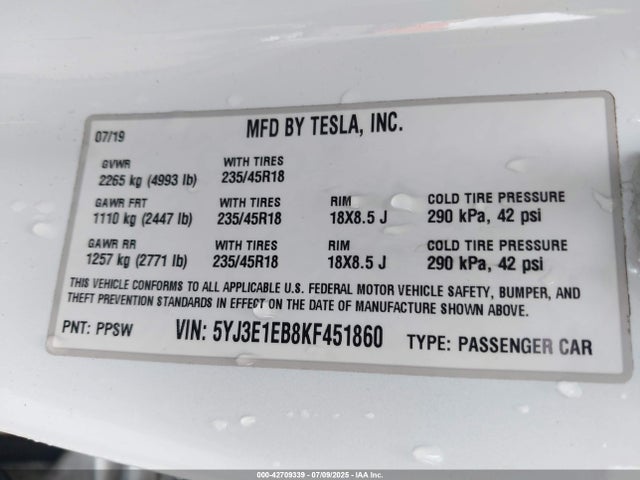 5YJ3E1EB8KF451860 Tesla MODEL 3