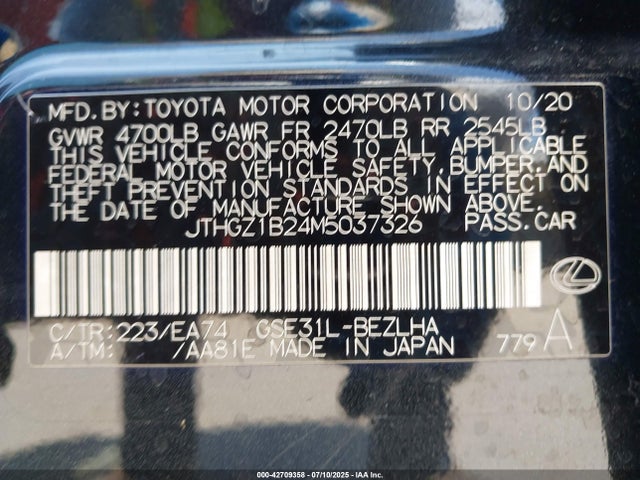 Lexus 2gr-fks 2021 JTHGZ1B24M5037326 Image 9