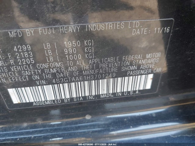 Subaru na 2017 4S3GTAA61H3701249 Image 9